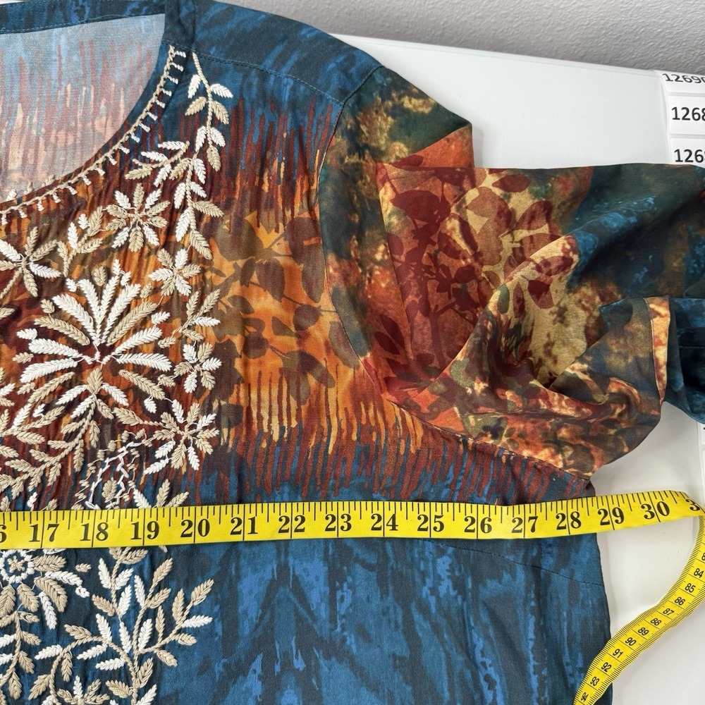John Mark Shirt Top Womens 3X Blue Orange Embroidered Floral Flowy Scoop Neck - Picture 8 of 10